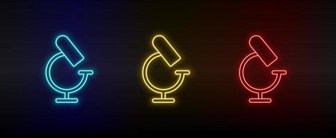 Neon icons, microscope. Set of red, blue, yellow neon vector icon on darken transparent background