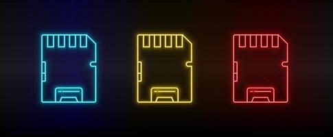 Neon icon set Card hardware memory. Set of red, blue, yellow neon vector icon on transparency dark background