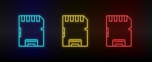 Neon icon set Card hardware memory. Set of red, blue, yellow neon vector icon on transparency dark background