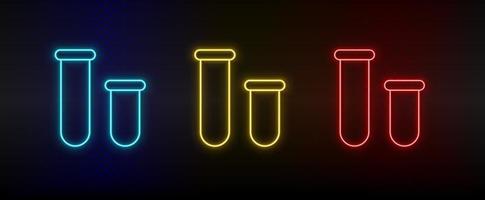 Neon icons, lab glassware. Set of red, blue, yellow neon vector icon on darken transparent background