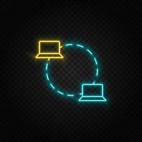 Computer, data. Blue and yellow neon vector icon. Transparent background on dark background