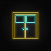 Door, icon neon icon. Blue and yellow neon vector icon. Transparent background