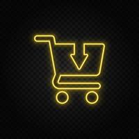 Yellow neon icon buy, cart, shopping.Transparent background. Yellow neon vector icon on dark background