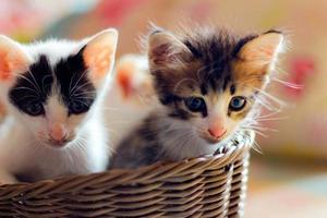 Three colored kittens in a brown wicker basket photo