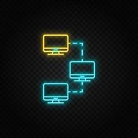 Computer, lan. Blue and yellow neon vector icon. Transparent background on dark background