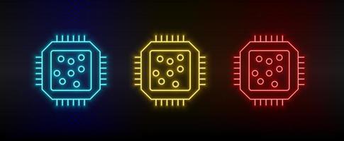 Neon icon set Cpu hardware. Set of red, blue, yellow neon vector icon on transparency dark background