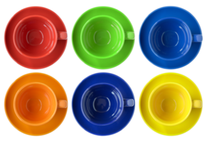 set of color cups and saucer isolated with clipping path for mockup png