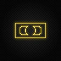 Yellow neon icon money, dollar.Transparent background. Yellow neon vector icon on dark background