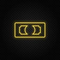 Yellow neon icon money, dollar.Transparent background. Yellow neon vector icon on dark background