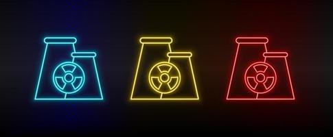 Neon icon set nuclear, plant. Set of red, blue, yellow neon vector icon on transparency dark background