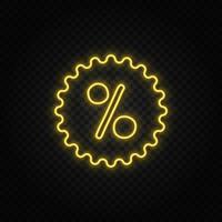 Yellow neon icon discount, percent, sale.Transparent background. Yellow neon vector icon on dark background