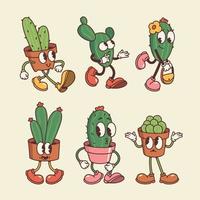 Hand drawn retro cartoon cactus collection vector