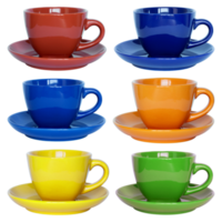 set of color cups and saucer isolated with clipping path for mockup png