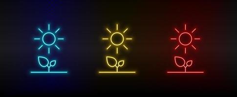 Neon icon set plants, sun, eco. Set of red, blue, yellow neon vector icon on transparency dark background
