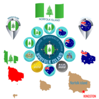 Set of illustrations of flag, contour map, money, icons of NORFOLK ISLAND. Travel concept. png