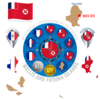 Set of illustrations of flag, contour map, money, icons of Wallis and Futuna Islands. Travel concept. png