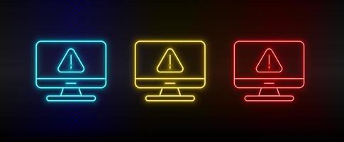 Neon icon set Computer error. Set of red, blue, yellow neon vector icon on transparency dark background