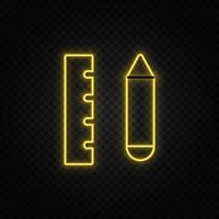 Yellow neon icon drafting tools, drawing tools. Transparent background. Yellow neon vector icon on dark background