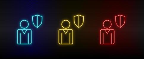 Neon icon set business, protection. Set of red, blue, yellow neon vector icon on transparency dark background