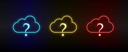 Neon icons, cloud faq, cloud support. Set of red, blue, yellow neon vector icon on darken transparent background