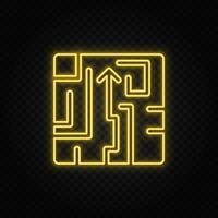 Yellow neon icon maze, puzzle, strategy.Transparent background. Yellow neon vector icon on dark background