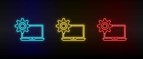 Neon icon set Computer service. Set of red, blue, yellow neon vector icon on transparency dark background