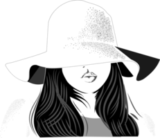 A girl wears a large hat that covers part of her face and her hair falls on her shoulders png