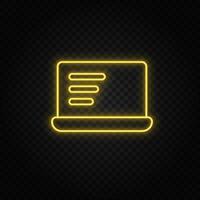 Yellow neon icon computer, notebook. Transparent background. Yellow neon vector icon on dark background