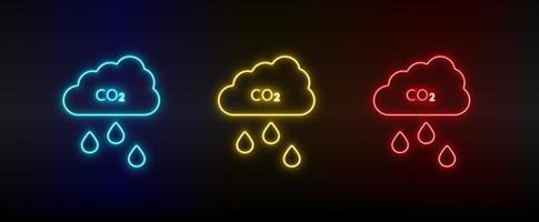 Neon icon set co2, cloud. Set of red, blue, yellow neon vector icon on transparency dark background