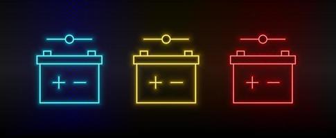 Neon icon set battery, contact. Set of red, blue, yellow neon vector icon on transparency dark background