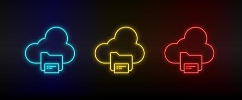 Neon icon set Backup cloud files. Set of red, blue, yellow neon vector icon on transparency dark background