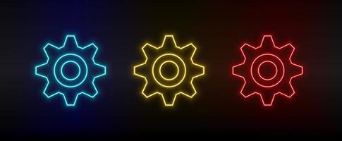 Neon icon set Gear maintenance. Set of red, blue, yellow neon vector icon on transparency dark background