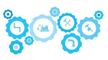 Connected gears and vector icons for logistic, service, shipping, distribution, transport, market, communicate concepts. building, construction, industry, hammer gear blue icon set on white background