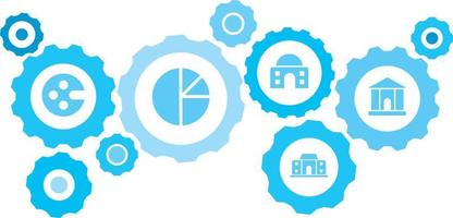 Connected gears and icons for logistic, service, shipping, distribution, transport, market, communicate concepts,building, college gear blue icon set. Delivery mechanism concept. on white background vector