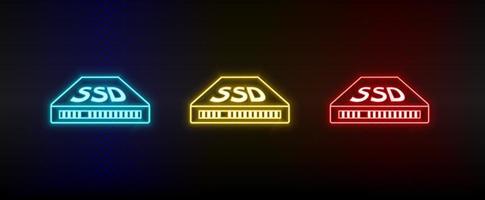 Neon icon set Ssd. Set of red, blue, yellow neon vector icon on transparency dark background