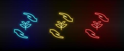 Neon icon set safe, earth, hands. Set of red, blue, yellow neon vector icon on transparency dark background