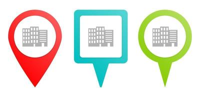 building. Multicolor pin vector icon, diferent type map and navigation point on white background