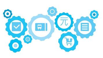 Connected gears and vector icons for logistic, service, shipping, distribution, transport, market, communicate concepts. Eye, pyramid gear blue icon set on white background
