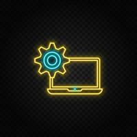 Computer, service. Blue and yellow neon vector icon. Transparent background on dark background