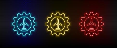 Neon icon set setting, wind energy, battery. Set of red, blue, yellow neon vector icon on transparency dark background