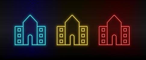 Neon icons, school, building, college. Set of red, blue, yellow neon vector icon on darken transparent background