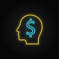 Human mind, finance, money neon icon. Blue and yellow neon vector icon. Transparent background