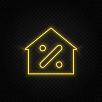 Yellow neon icon house, mortgage.Transparent background. Yellow neon vector icon on dark background