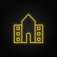 Yellow neon icon school, building, college. Transparent background. Yellow neon vector icon on dark background