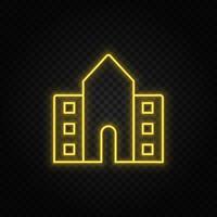 Yellow neon icon school, building, college. Transparent background. Yellow neon vector icon on dark background