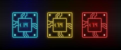 Neon icon set Cpu hardware. Set of red, blue, yellow neon vector icon on transparency dark background