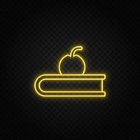 Yellow neon icon book, apple. Transparent background. Yellow neon vector icon on dark background