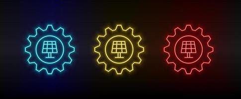 Neon icon set setting, solar. Set of red, blue, yellow neon vector icon on transparency dark background