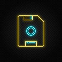 Disk, floppy. Blue and yellow neon vector icon. Transparent background on dark background