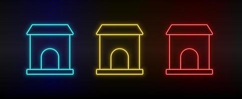 Neon icons, building, college. Set of red, blue, yellow neon vector icon on darken transparent background